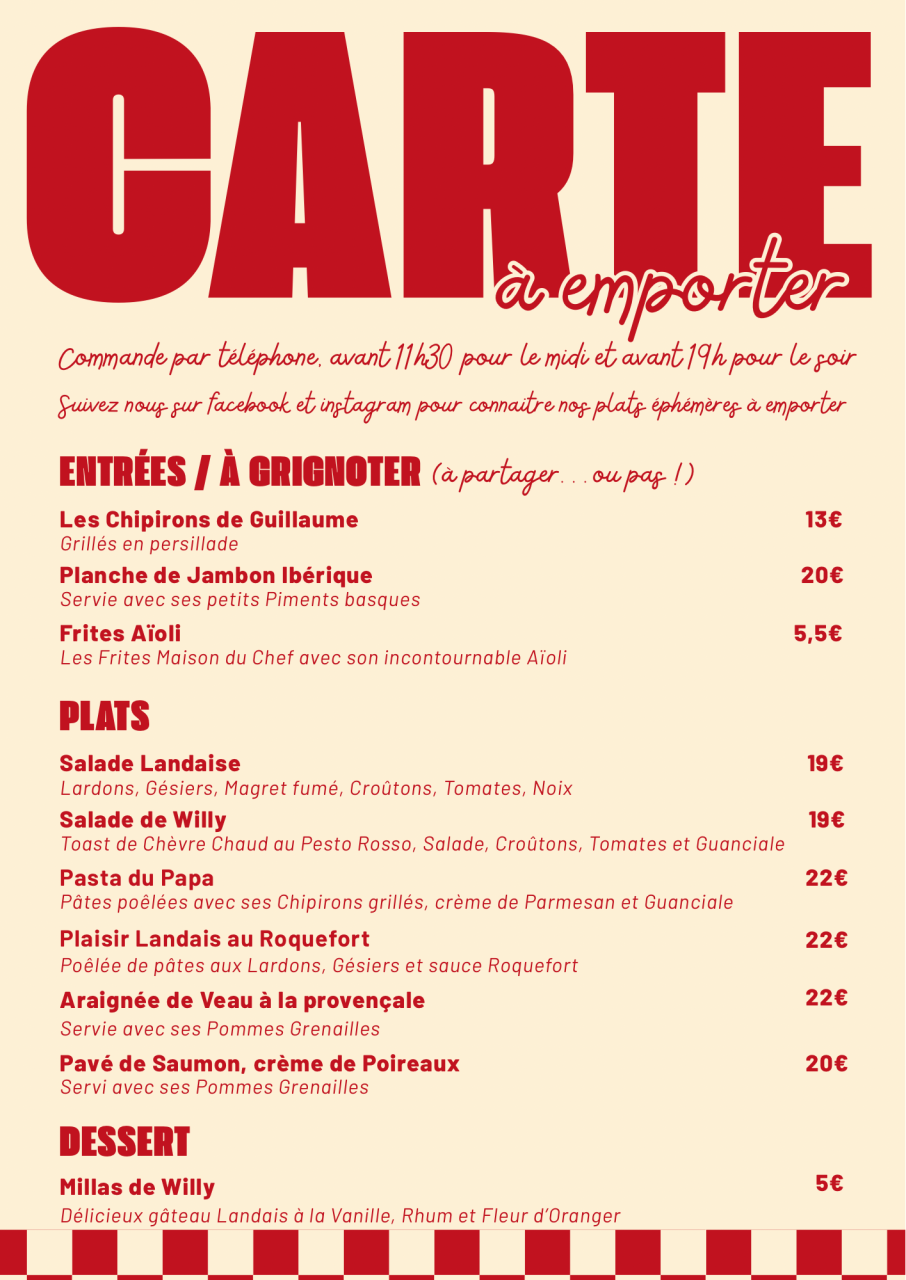 La carte - La Table De Willy - Restaurant Le Taillan Médoc