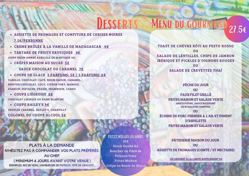 La Carte - Menus - La Table de Willy - Restaurant Eysines - Restaurant autour de Bordeaux