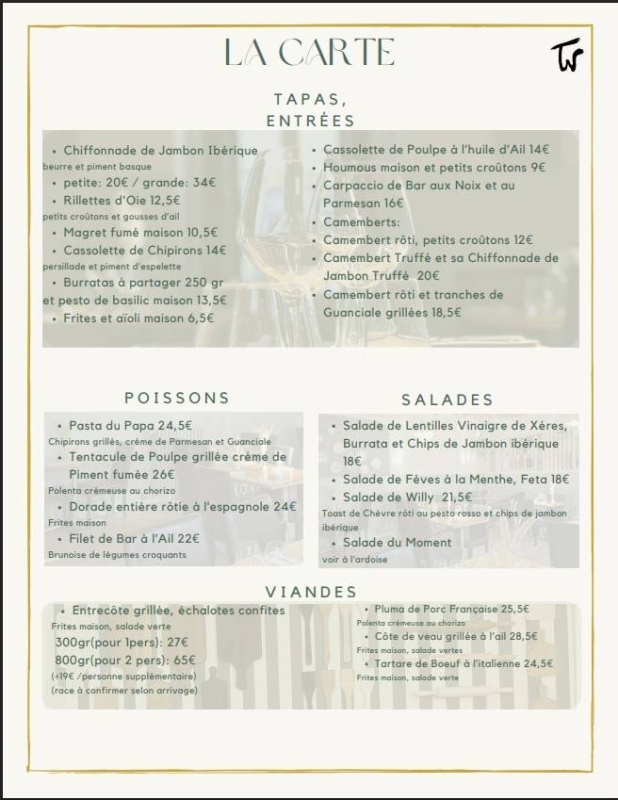 La Carte - Menus - La Table de Willy - Restaurant Eysines - manger a EYSINES