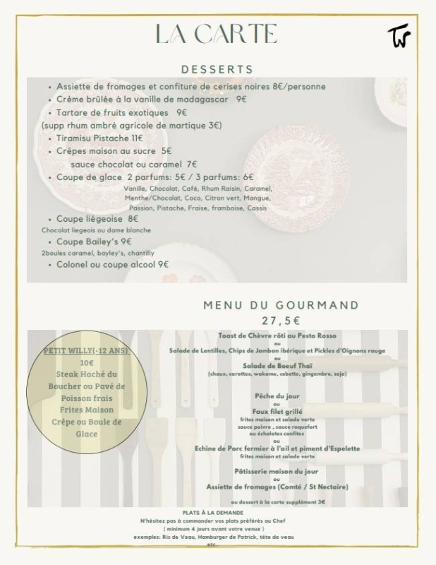 La Carte - Menus - La Table de Willy - Restaurant Eysines - Eysines restaurant