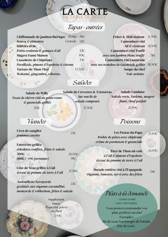 La Carte - Menus - La Table de Willy - Restaurant Eysines - meilleur resto EYSINES