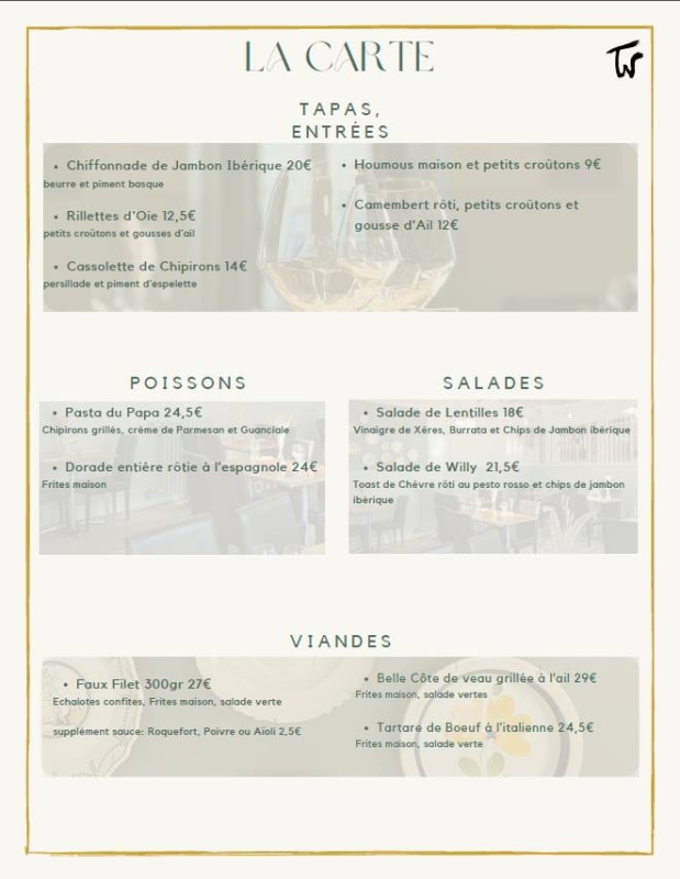 La carte - La Table De Willy - Restaurant Le Taillan Médoc