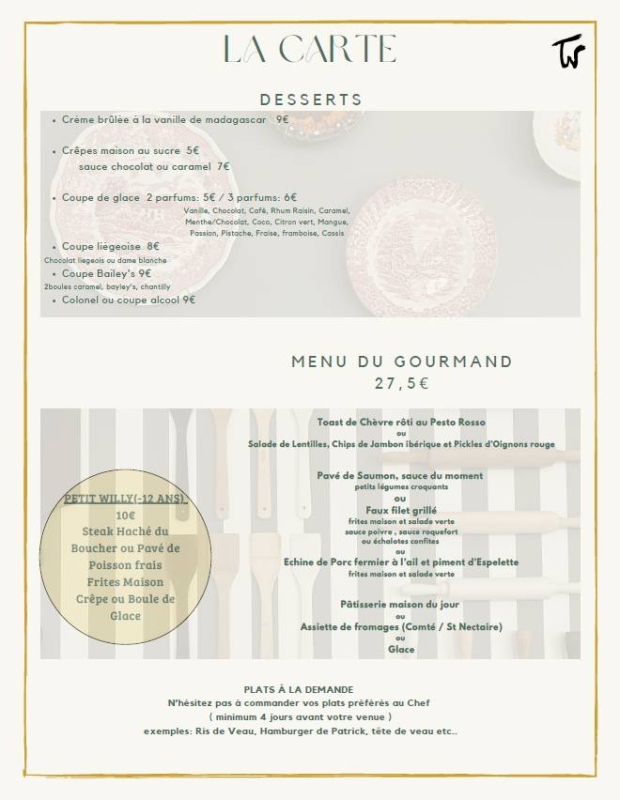 La carte - La Table De Willy - Restaurant Le Taillan Médoc
