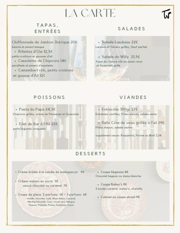 La carte - La Table De Willy - Restaurant Le Taillan Médoc