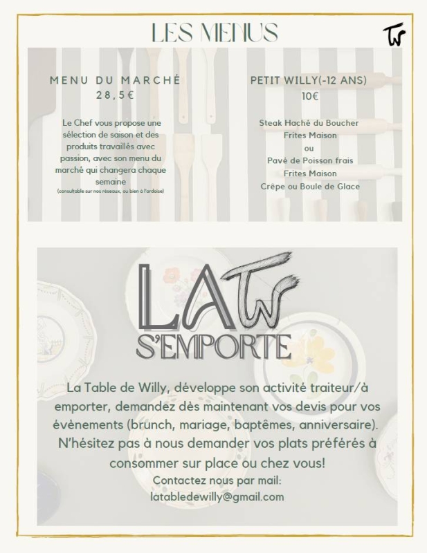 La carte - La Table De Willy - Restaurant Le Taillan Médoc